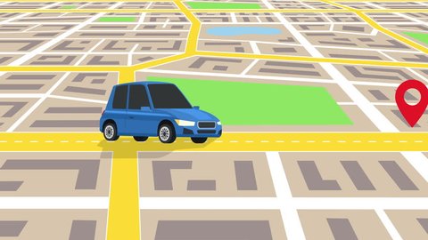 Cartoon Blue Auto Car Ride Through the City Map GPS navigation with Location Pin स्टॉक वीडियो