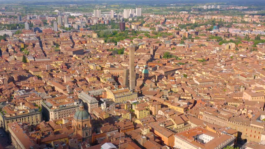 Bologna, Italy, Emilia-Romagna. Aerial circling view of the Towers of Bologna - the two most prominent ones, known as the Two Towers, are the landmark of the city.