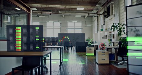 Corporate data visualization of stock market financial business graphs and charts in high tech 5g connected office. 