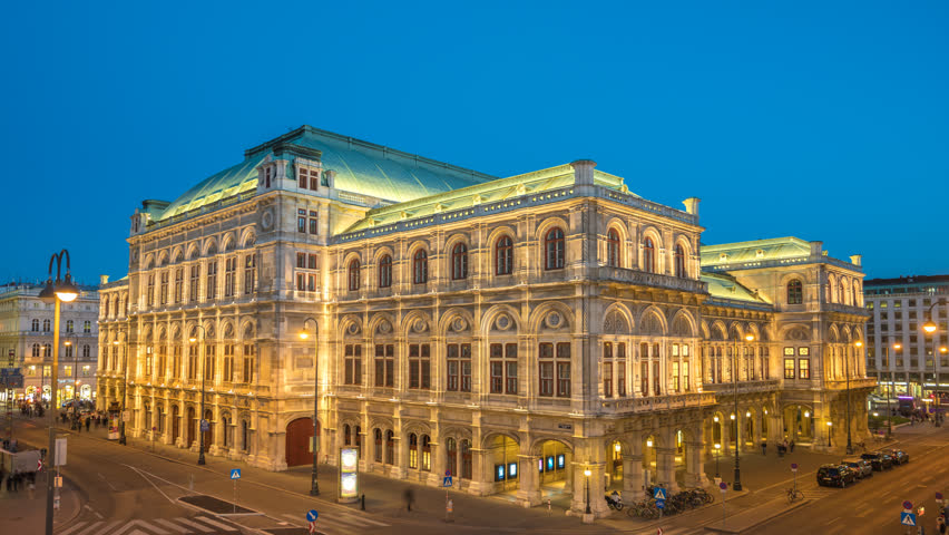Vienna Austria time lapse 4K, city skyline night timelapse at Vienna State Opera
