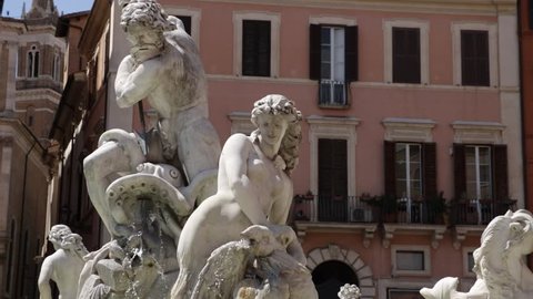 Rome, Italy. 05/02/2019. Fountain of Neptune in Piazza Navona, Rome. Detail of the fountain. Sculptures by Antonio Della Bitta and Gregorio Zappalà. Tub designed by Giacomo della Porta