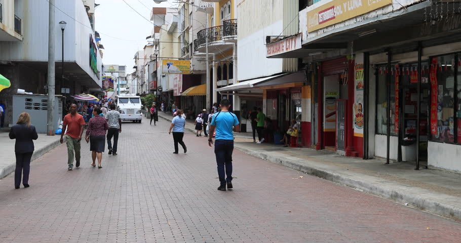 PANAMA CITY - 16 APR 2019: Panama City busy Old Town business street armored truck. Banking, commerce, and tourism economy. Busy urban center.