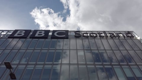 GLASGOW, UK - MAY 2, 2019: BBC Scotland's public service broadcast headquarters located at BBC Pacific Quay on the banks of the River Clyde in Glasgow, UK.
