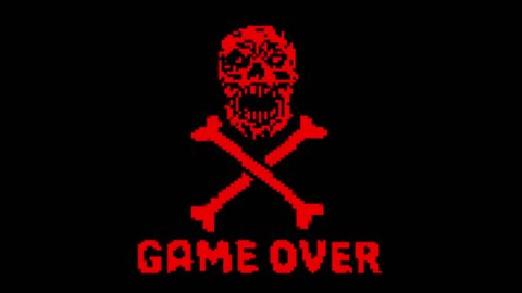 Game over red logo with skull and bones. Loop animation in 8 bit effect. Genre of horror background.