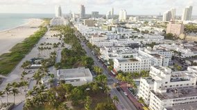 Top view of Ocean Drive. South Beach Miami. Drone view