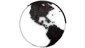 Digital world. Earth rotation. Countries are represented by black cubes. Point of interest are red cubes. Full HD loopable video.