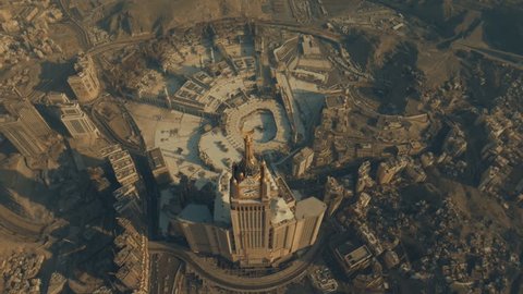 MECCA, SAUDI ARABIA- Skyline with Abraj Al Bait (Royal Clock Tower Makkah) in Mecca, Saudi Arabia. (aerial photography)