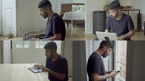 Collage of serious Caucasian man with beard in black T-shirt working at home, typing on laptop and tablet, talking on phone. Work, freelance concept