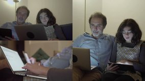 Collage of relaxed Caucasian middle-aged father and his teenager daughter sitting on sofa in living room, searching video on tablet and laptop, watching it. Family, spare time concept