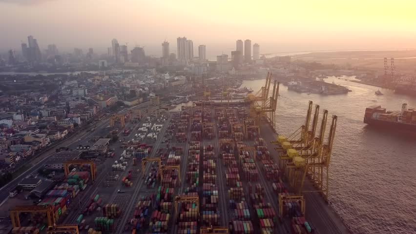 Aerial View drone 4k footage of Container Cranes in Port, Colombo, Sri Lanka. sunset	 Royalty-Free Stock Footage #1029000824