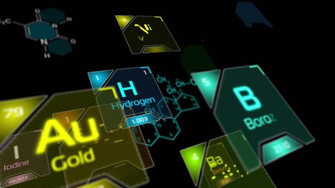 Floating  elements of Periodic Table with emerging formulas and chemical reaction equations on black background. Multicolored elements of Mendeleev's table with typing name and runing atomic mass.