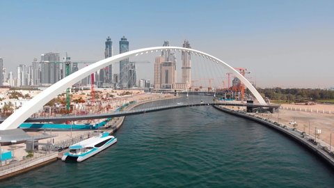 Aerial footage of Dubai water canal in the United Arab Emirates