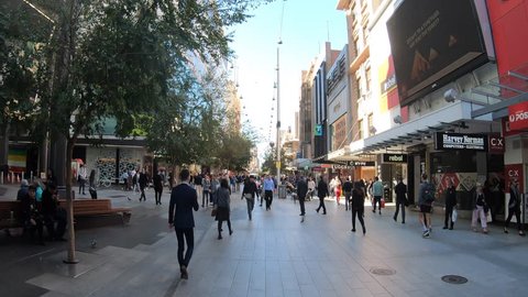 Hyper time lapse of person point of view walking on Rundle Mall shopping precinct, a very popular tourist attraction in Adelaide the capital city of South Australia State, Australia.