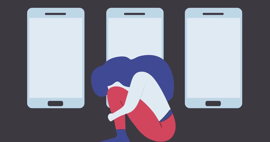 Conceptual illustration animation for cyber bullying, gossiping; aspersion, defamation, slander, libel, slur, detraction, on female girl and teen