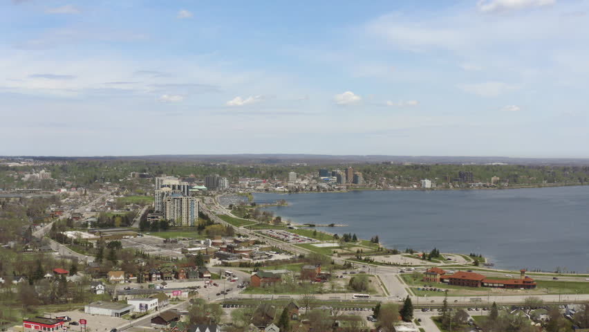 Barrie Ontario Canada 4k Aerial Drone of Downtown and Bay in Lake Simcoe. Wide Cityscape Foward Moving Shot