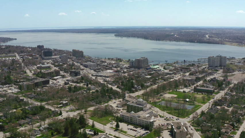 Barrie Ontario Canada 4k Aerial Drone of Downtown Waterfront and Bay in Lake Simcoe.