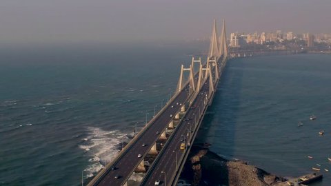 Mumbai, India, Worli sea link bridge, 4k aerial drone footage 