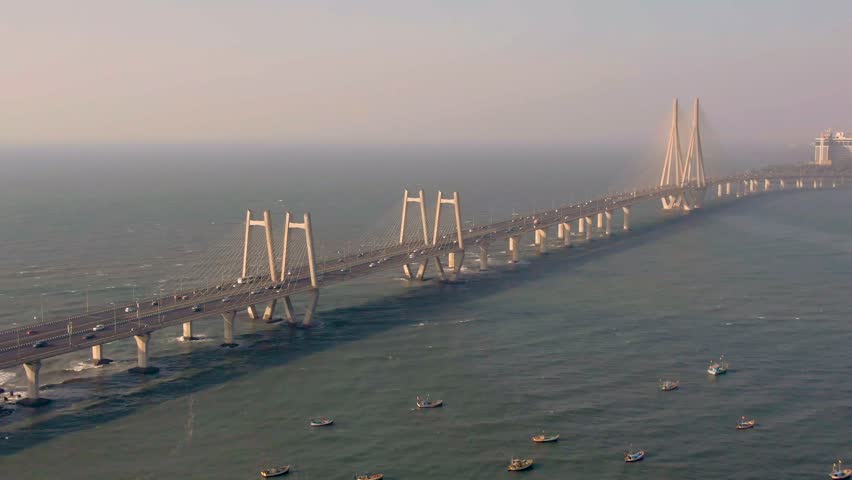 Mumbai, India, Worli sea link bridge, 4k aerial drone footage 