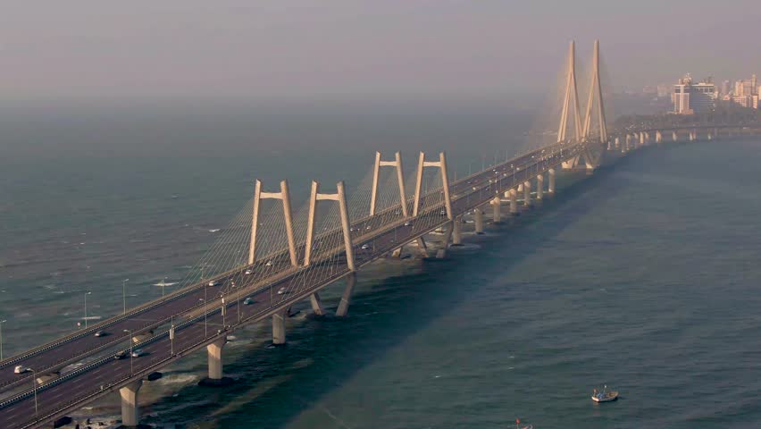 Mumbai, India, Worli sea link bridge, 4k aerial drone footage 