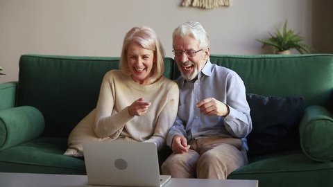 Happy senior old couple laughing talking making distance video call looking at laptop webcam sitting on sofa, cheerful mature aged family enjoy online chat internet conversation on at home