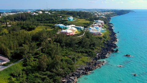 Aerial Ascending Slow: Luxurious Homes in the Village of Bermuda Near Coast in Spanish Point, Bermuda