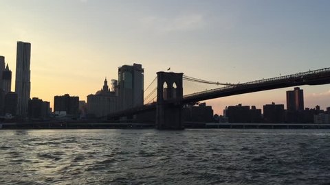 New York City, NY, USA, August 2017, Mahattan as seen from Brooklyn Bridge Park at sunset