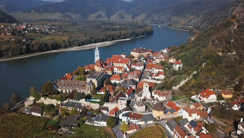 Aerial panorama of Durnstein town and vineyards. Wachau valley, Austria