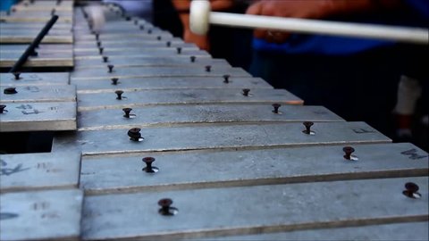 Close up video of hands of members of a marching band playing the lyre or xylophone