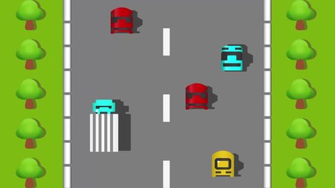 Car Traffic on the road ,Bird eye view ,Racing Game top down view 8 bit Old video game. retro style,Seamless Loop Graphic Animation , 4K 2160p UHD 60fps.
