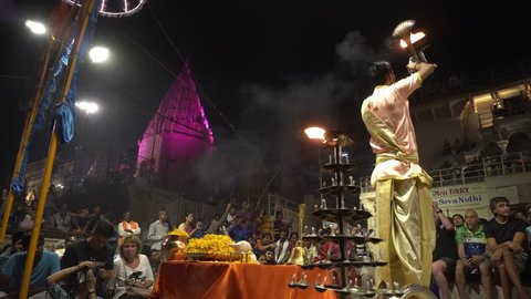 Varanasi / India 24 April 2019 Varanasi Ganga aarti ceremony rituals performed by Hindu priests at Dashashwamedh Ghat at Varanasi India 