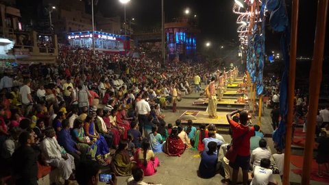 Varanasi / India 24 April 2019 Varanasi Ganga aarti ceremony rituals performed by Hindu priests at Dashashwamedh Ghat at Varanasi India 