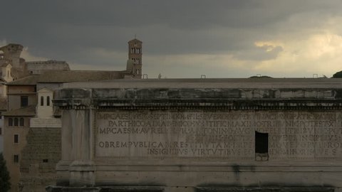 Italy, Rome - September, 2016: Inscription on top of the Septimius Severus Arch.