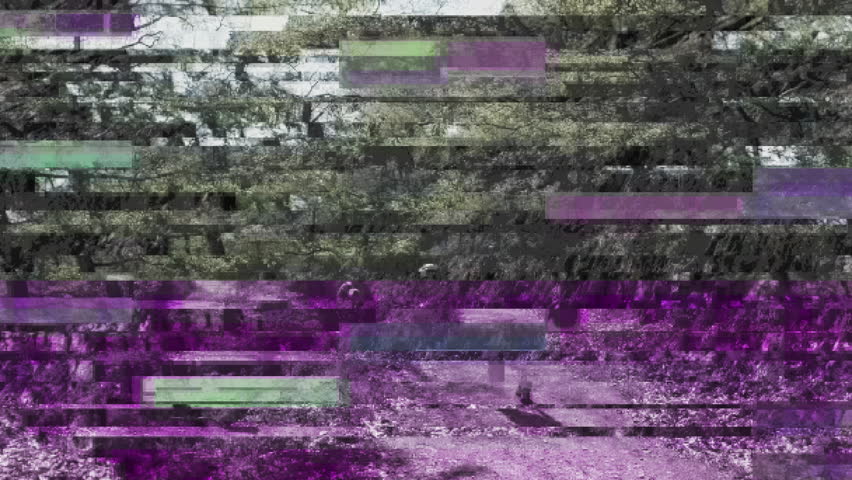 Bad glitch transmission rear view of single young woman with red backpack walking sightseeing discovering the Vosges forest on a spring day with clear blue sky and tall pines vertical image