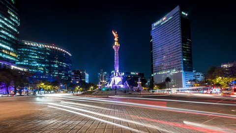 Mexico City, Mexico - January 27, 2019: Night time lapse view of the Angel of Independence in Mexico City, Mexico.