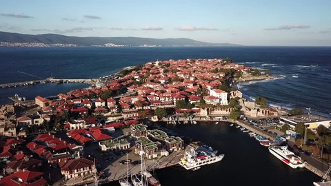 Aerial view of old Nessebar, ancient city on the Black Sea coast of Bulgaria, UNESCO World Heritage, on twilight