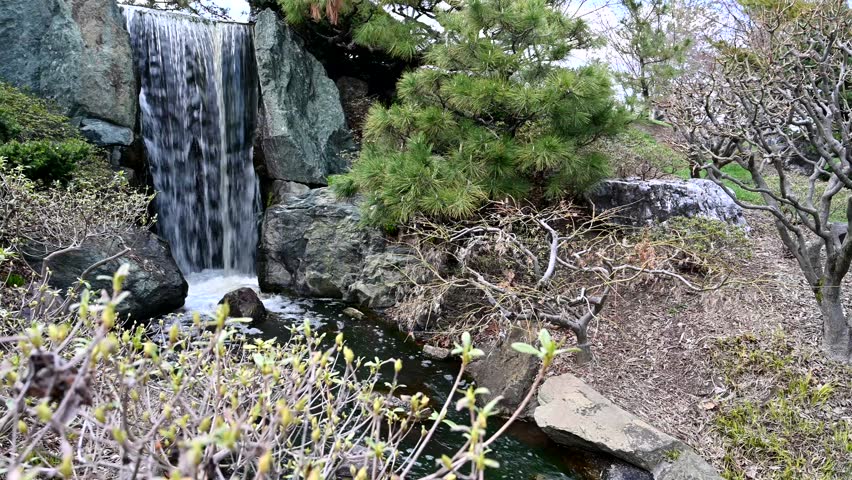 A peaceful waterfall surrounded by green plants and trees on a nice day
