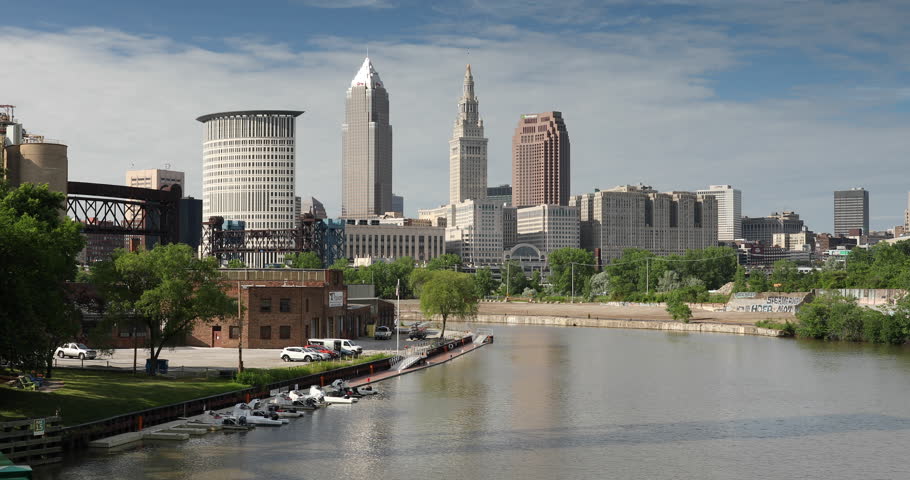 Day time cityscape of urban Cleveland Ohio USA over the Cuyahoga river and the Flats