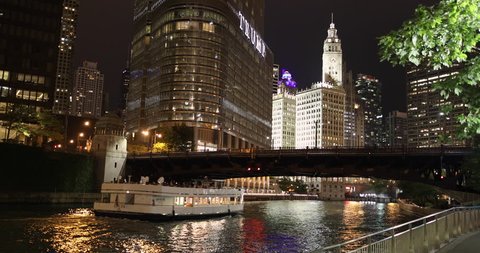 Chicago, Illinois, USA - September 22, 2018:  City buildings and skyline over the boats on the Chicago River Illinois USA