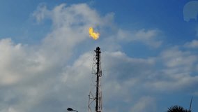Gas and flame flare from Elevated Single Point Flare in Oil Refinery factory.Gas and Flame burning at the top of a refinery's pipe stack is an important,safe and regulated part of the refining process