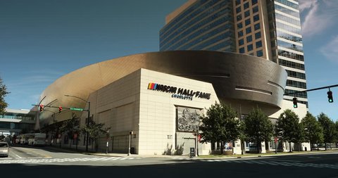Charlotte, North Carolina, USA - October 22, 2018: The NASCAR Hall of Fame building in Charlotte North Carolina, USA honors drivers who have shown exceptional skill at NASCAR driving.