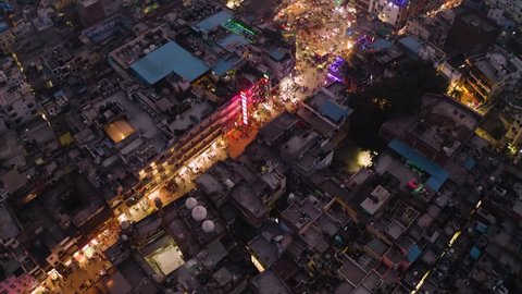Delhi, India, Main bazaar 4k night aerial drone