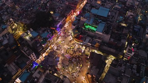 Delhi, India, Main bazaar 4k night aerial drone