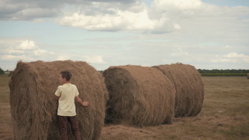 The boy and his father play in the field in the open air, among the coils of hay. Rural life. Education of children, family values.