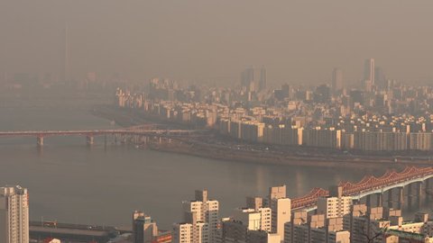 The whole area of Seongsu Bridge in Seoul. A city full of fine dust