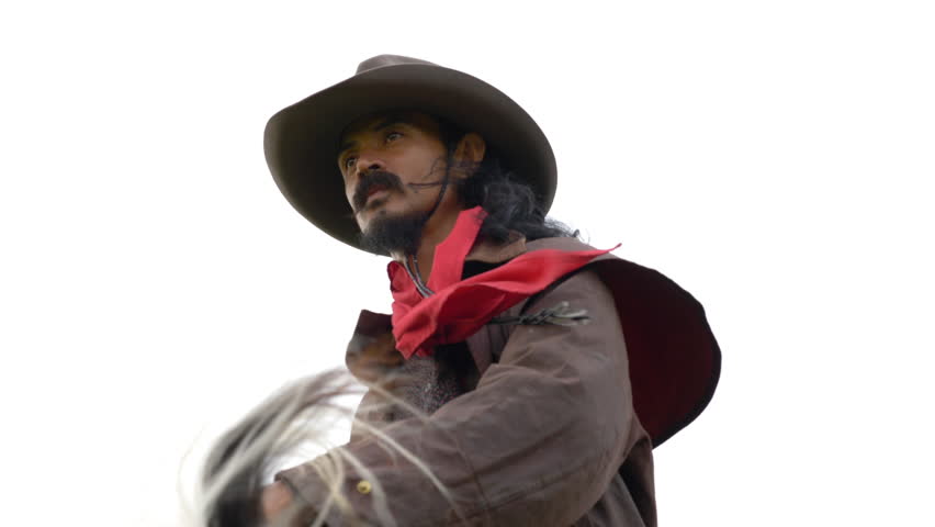 Asia man dressed up to western cowboy portrait.Portrait of adult man with hat in cowboy suit on horse.