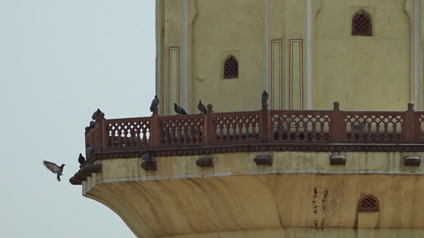 Several pigeons roosting on a balcony encircling a tall, octagonal tower dotted with latticed windows