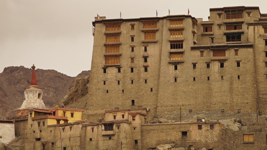 Wide low angle shot of ancient  Leh Palace in Ladakh, capturing King