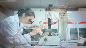 Digital composite of female Caucasian scientist looking in to a microscope and a DNA strand with codes in the foreground - Powered by Shutterstock - Get 15% off with code: PIKWIZARD15