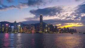 Time lapse of Skyscrapers and floating ship at Victoria harbor, Hong Kong. 4K