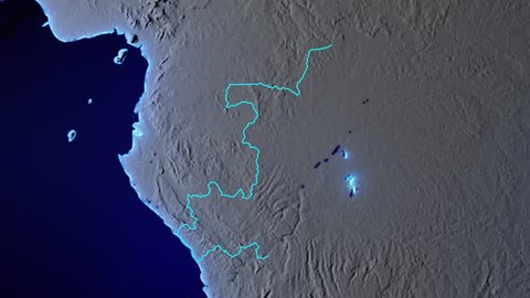 Blue transparent 3d animated earth showing the borders of the country Republic of the Congo and the capital Brazzaville in 4K resolution at day